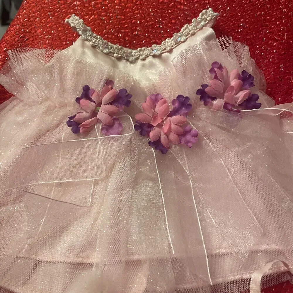 Build a Bear Pink White Flower Girl Dress Wand Shoes